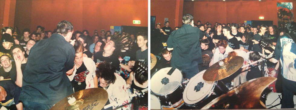 Pyromesh 2001: A mulleted Andy Jones screams down a microphone as the moshpit at Leederville Youth Headquarters hits its peak.